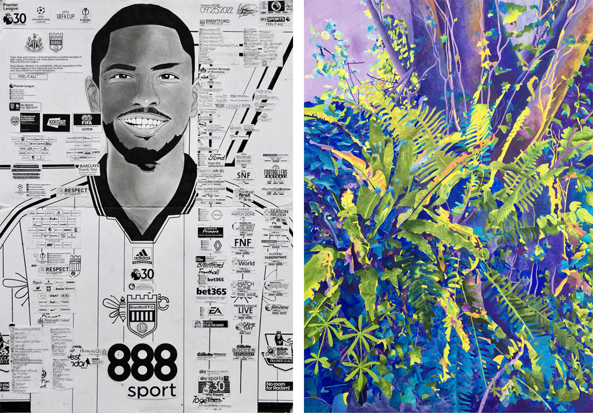 two artworks next to each other. one is Babajide Brian's and is a pencil drawing of a footballer. One is Cecilia Caulders and is a colourful painting of plants.