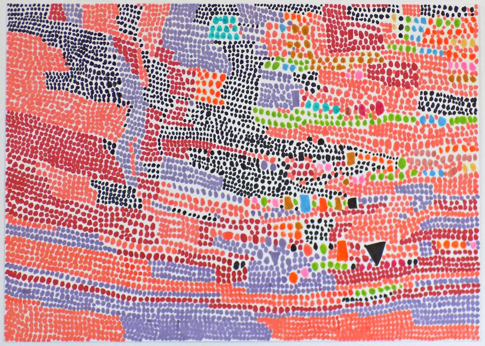 Jorell Bonnick's work, showing hundreds of colourful dots.