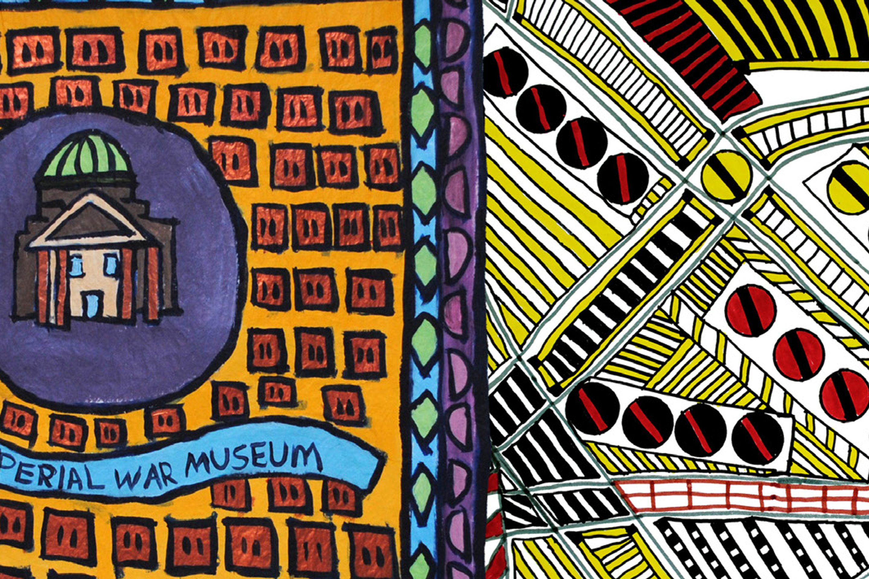 Two artworks by Thompson Hall and Ian Wornast collaged next to each other.
