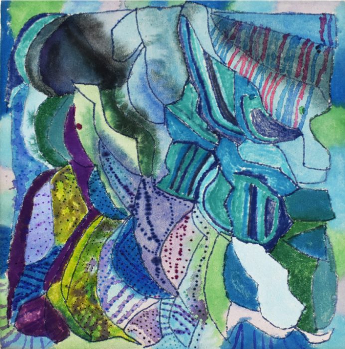 An artwork. It is different shades of blue and done with crayons and oil pastels. It is abstract, and shows a range of shapes layered over each other.
