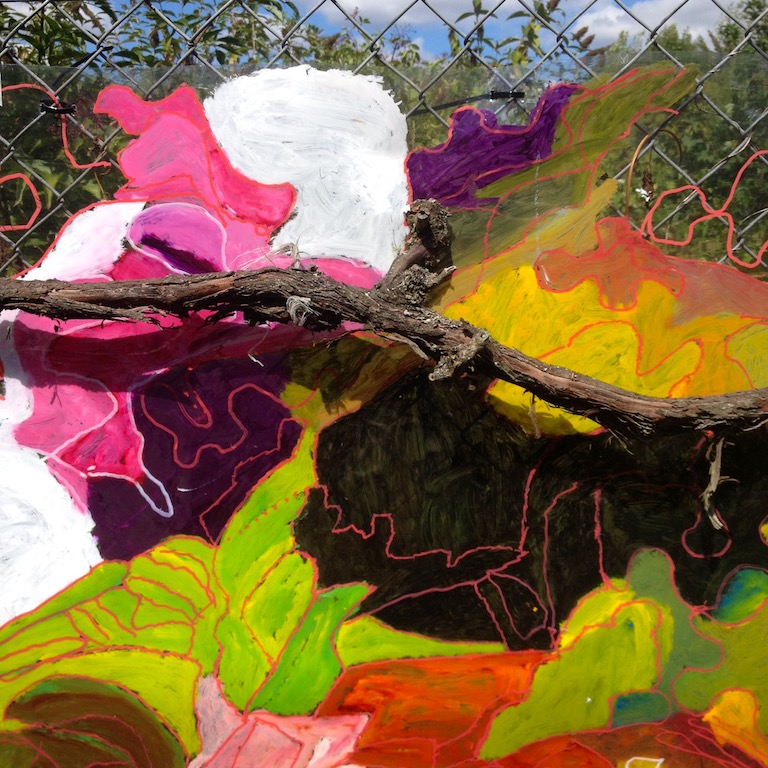 An artwork with oil pastel drawings of plants layered over a photo of the sky.