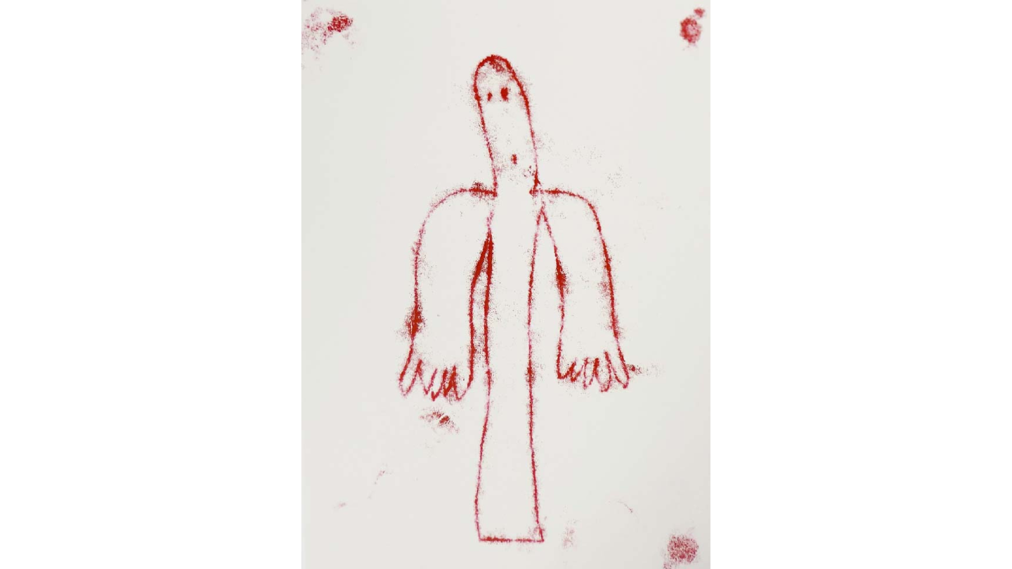 A red monotype print of a ghost.