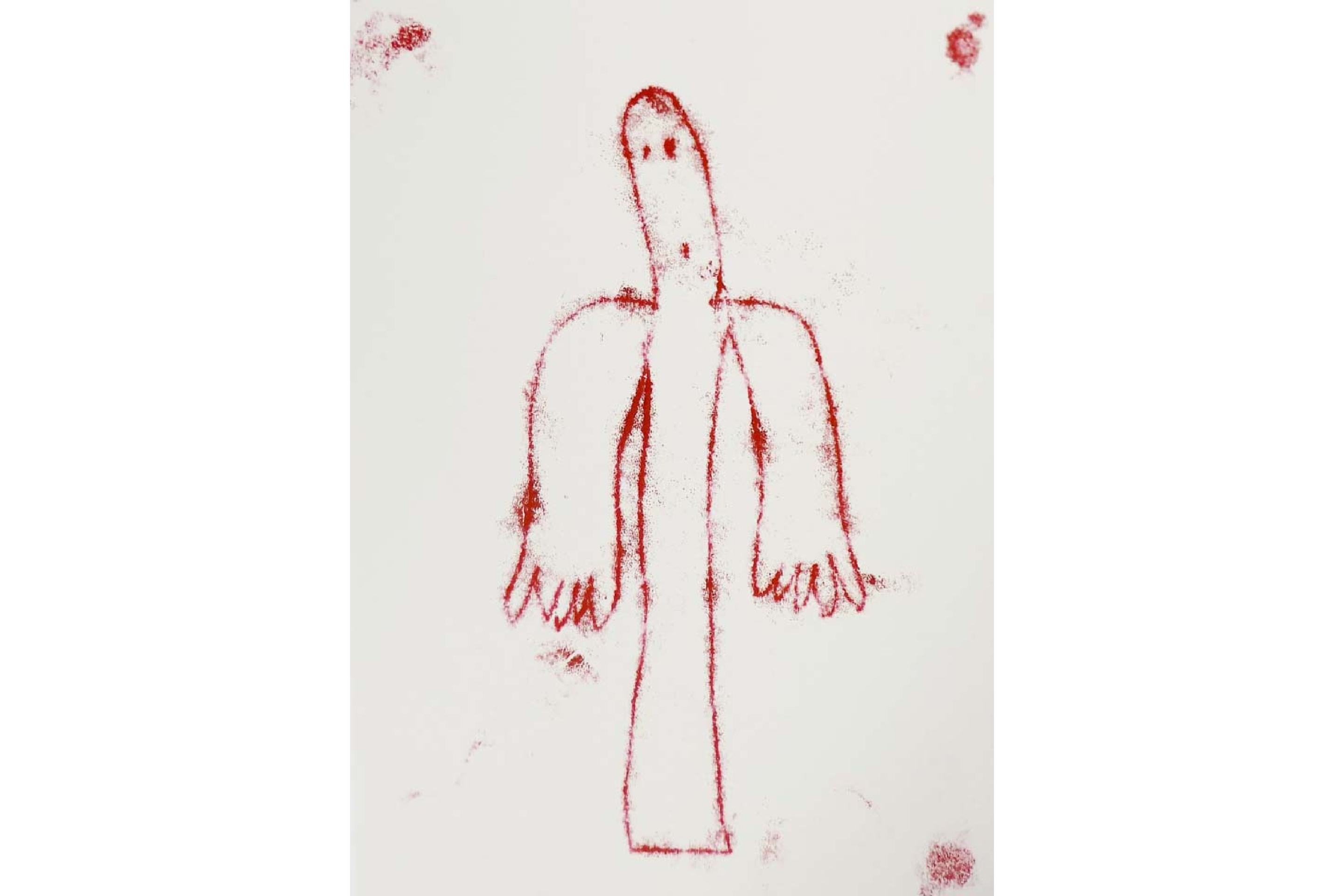 A red monotype print of a ghost.