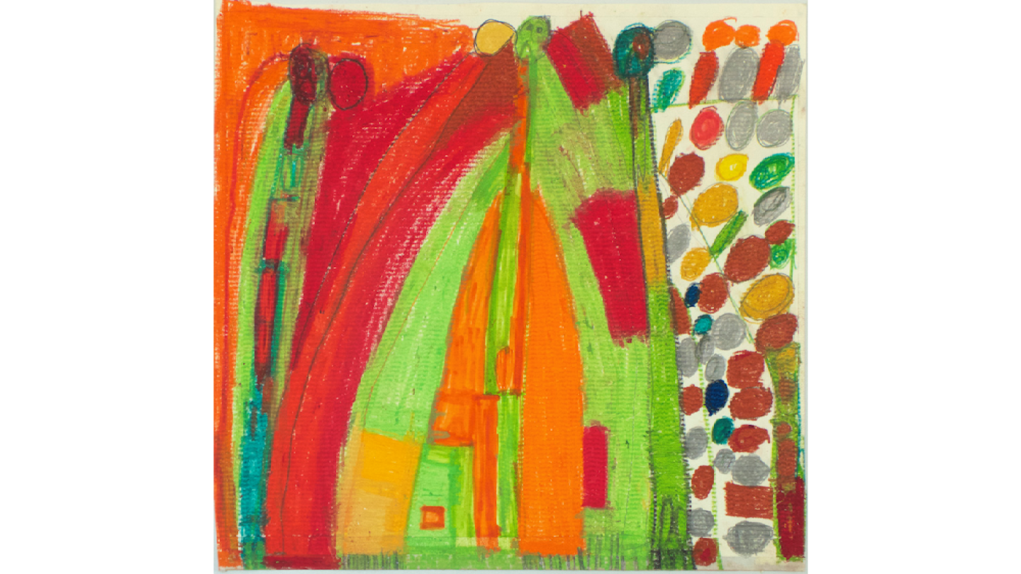 A red, green and orange abstract drawing.