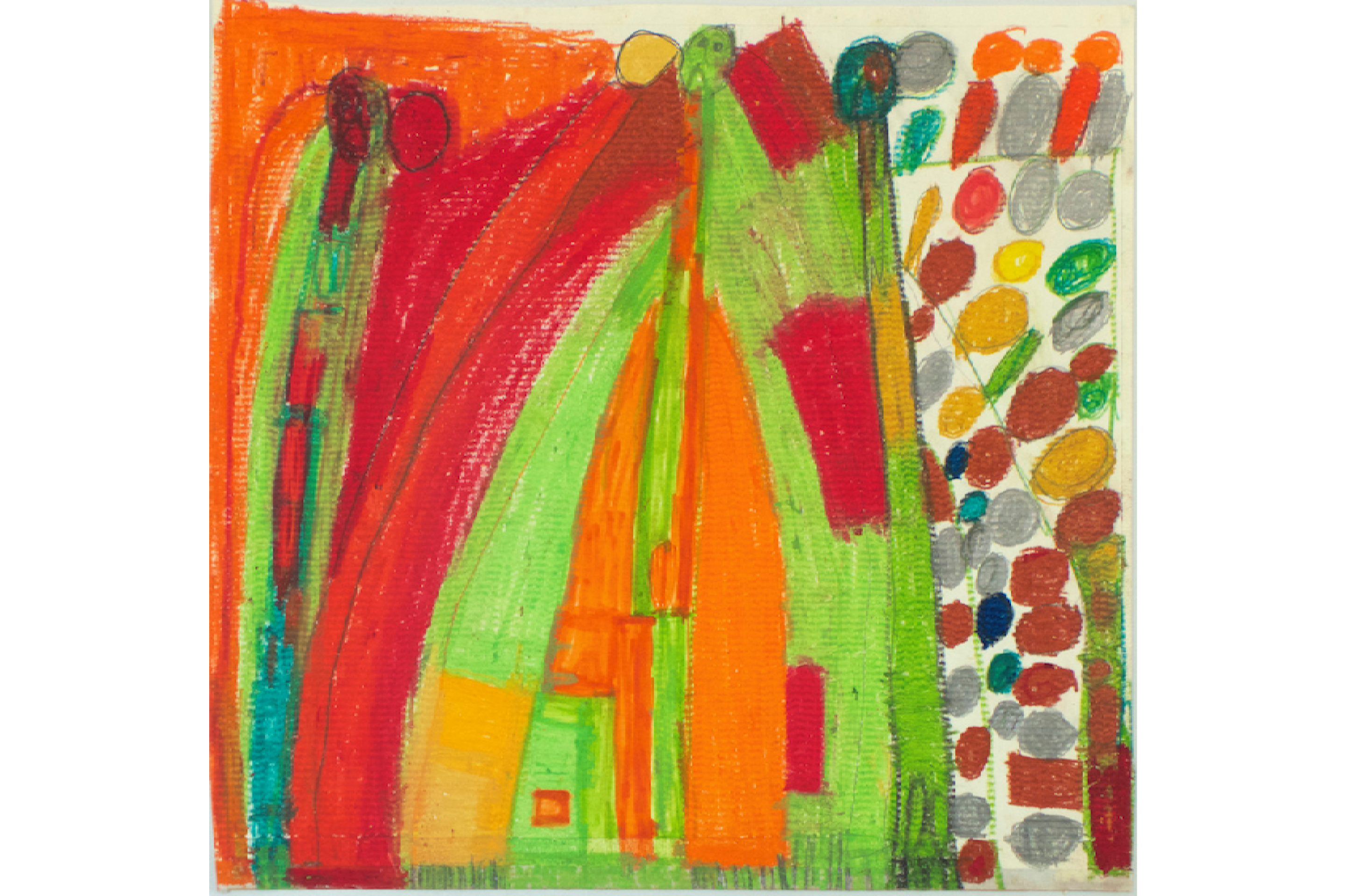 A red, green and orange abstract drawing.