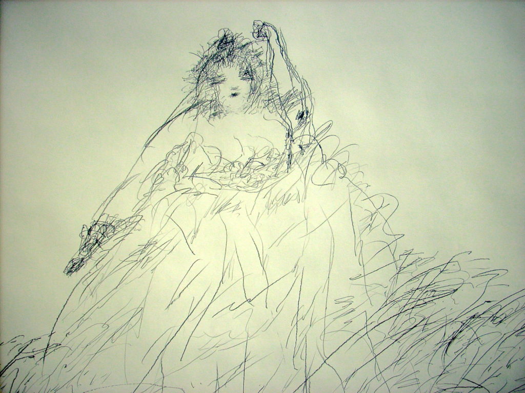 Nigel's artwork, a pencil drawing of a woman. The lines are spaced far apart, but more concentrated around her face. The result has a wispy, dream like quality.