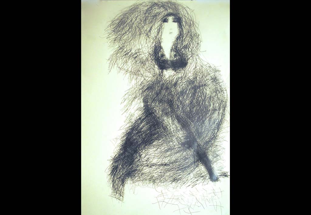A whimsical pencil drawing of a woman made from short, gestural marks with varying density.