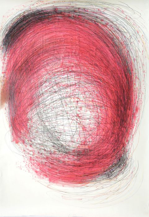 Nnena Kalu artwork. It is a white piece of paper with sprawling pink and black lines on it, going round in a circle/spiral shape.