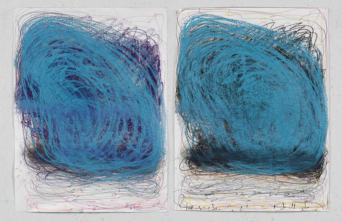 Nnena Kalu's artwork 'Drawing 46'. 2 pieces of large paper are next to each other, with light and dark blue swirling lines drawn on them.