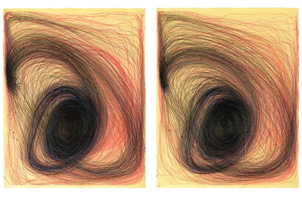 Nnena Kalu's artwork, two pieces of paper next to each other, done on yellow paper. The swirls on them are red and dark blue.