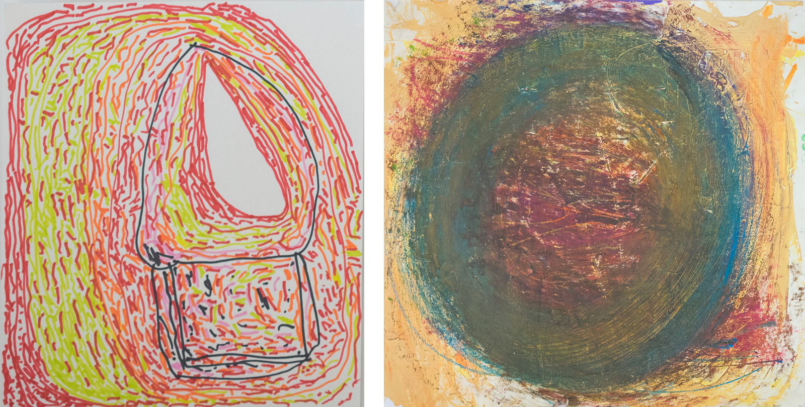 An image of Chandrakant's work on the left, a circular piece in marker pen, and on the right is Nnena's artwork, a blue circle in paint.