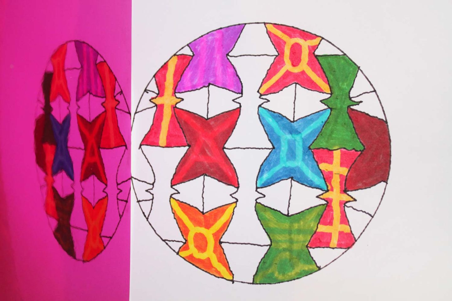 A drawing of a sphere in pen with tessellated shapes inside. Pointed quatrefoil shapes are coloured to luminous affect. To the left of the image, it is mirrored and skewed with a magenta overlay.