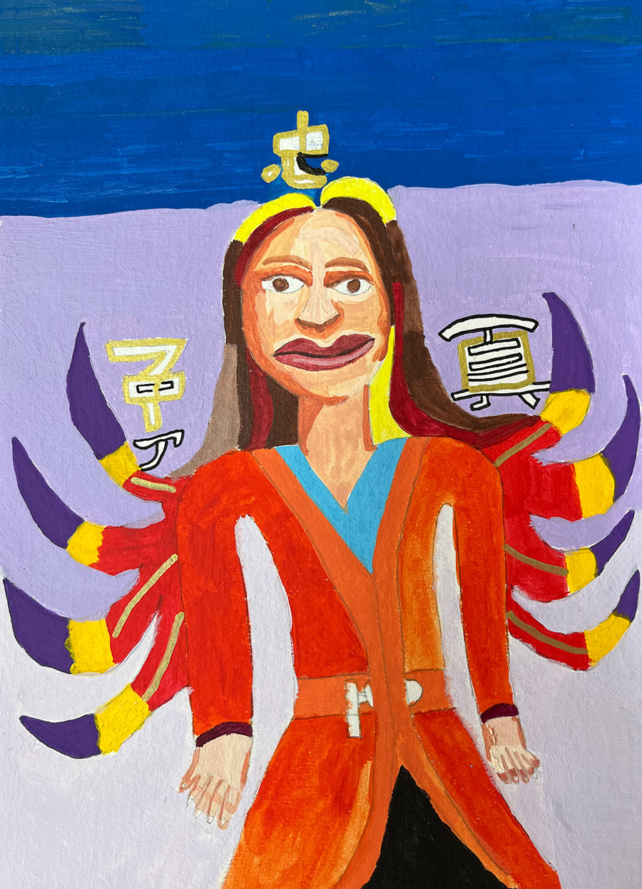 A painting of Disney character Mulan wearing a red dress with purple tipped wings.