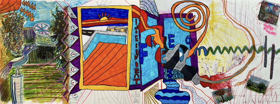 A multimedia drawing with a bird on a plinth looking towards a surrealist landscape.