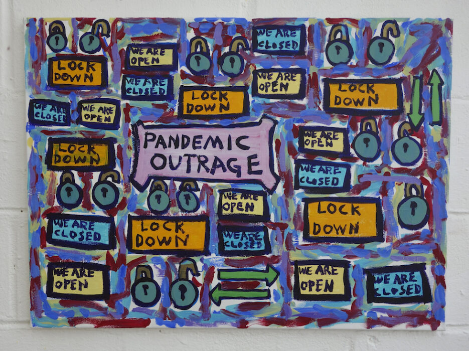 Thompson Hall artwork. It shows a painted work, showing colourful boxes with text inside. They say things such as 'pandemic outrage' and 'lockdown'.