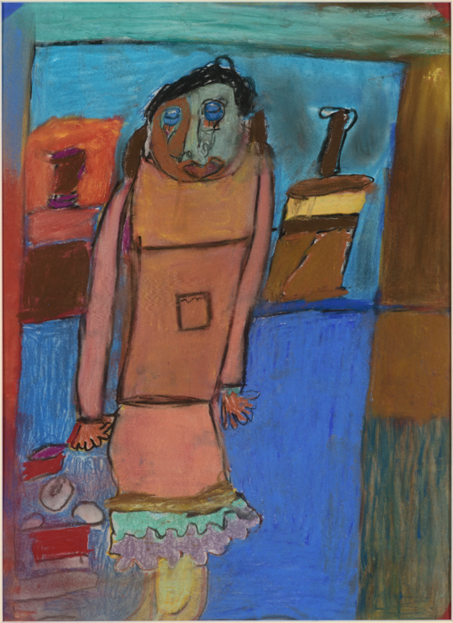an abstract, slightly cubist drawing of a woman. Her body and clothes are brown and face is blue.