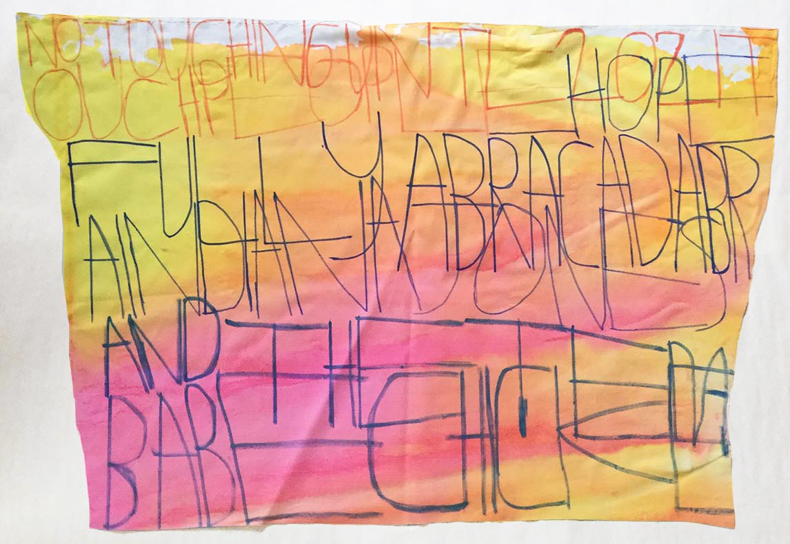 Multicoloured inks on paper with text written across in landscape. the paper has an irregular shape. The words "no touching" stand out in the top left corner.