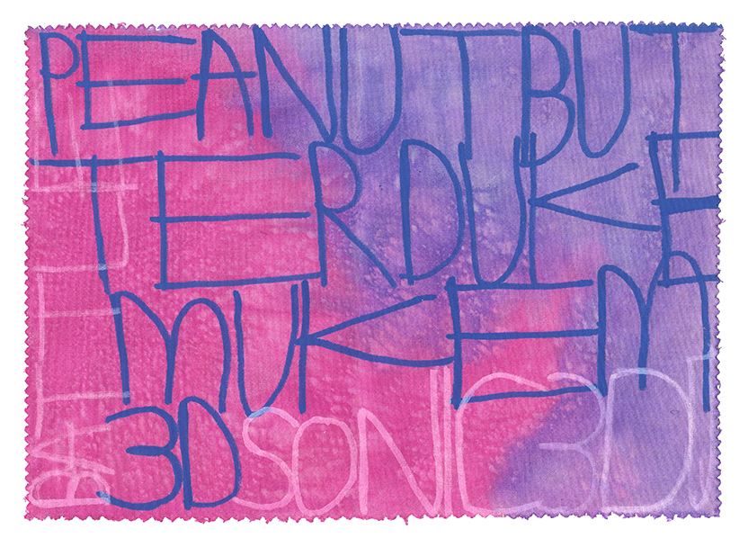 Patrick's artwork. It's a piece of paper with a scalloped edge, that has a soft pink and purple blended background. On top in blue felt are large words, notably 'peanut butter'.