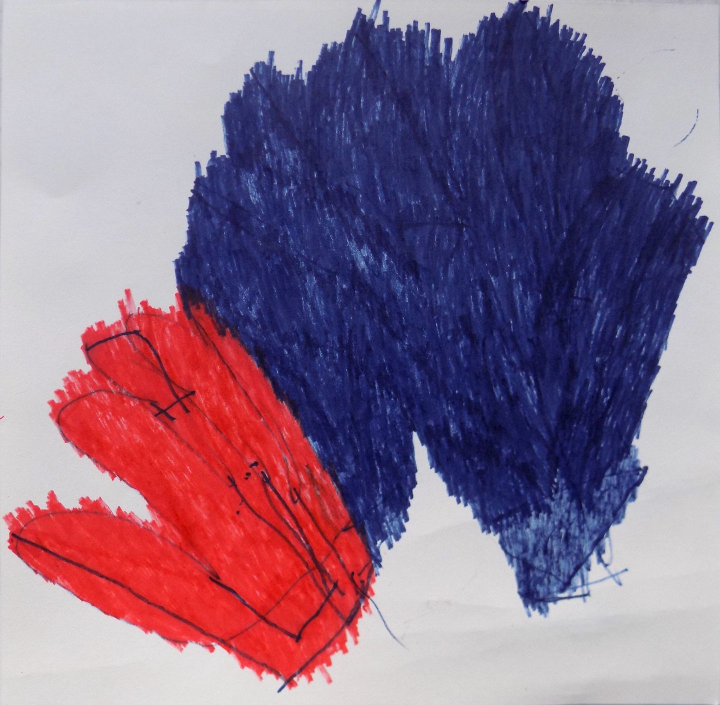 Phillipa Marshall's artwork, an abstract red and blue piece in marker pen.