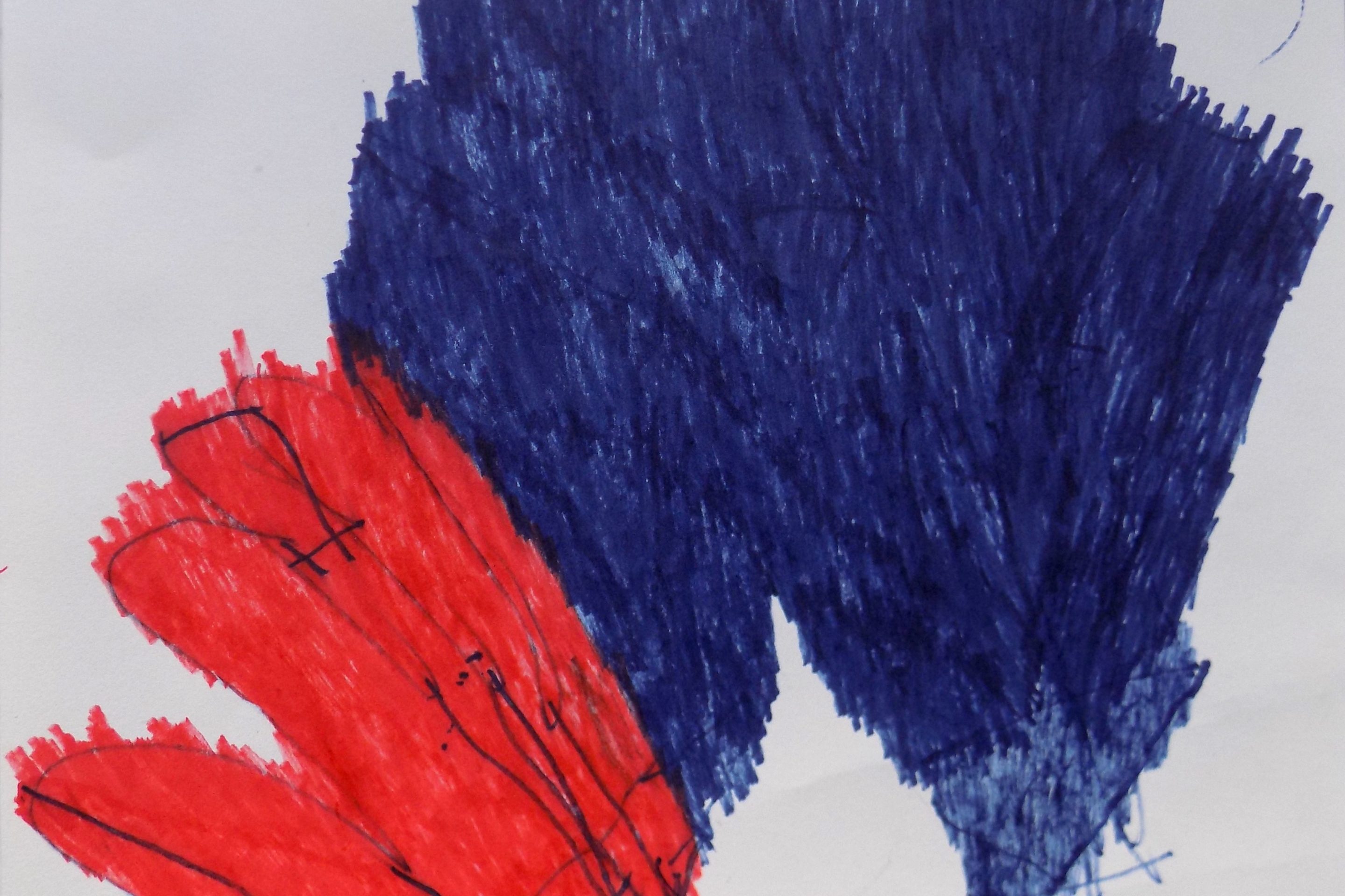 Phillipa Marshall's artwork, an abstract red and blue piece in marker pen.