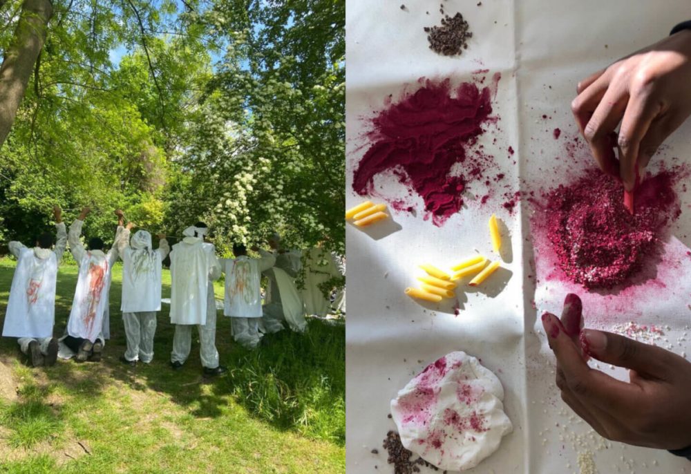 2 images are shown, one of a group of children in white jackets holding up string in a park, and another of a table, where someone is mixing dried pasta with dark pink pigment.
