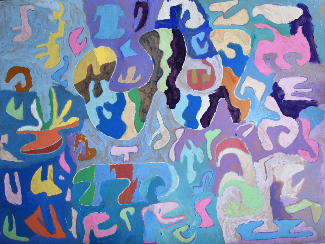 A blue and purple abstract painting with colourful glyph-like shapes.
