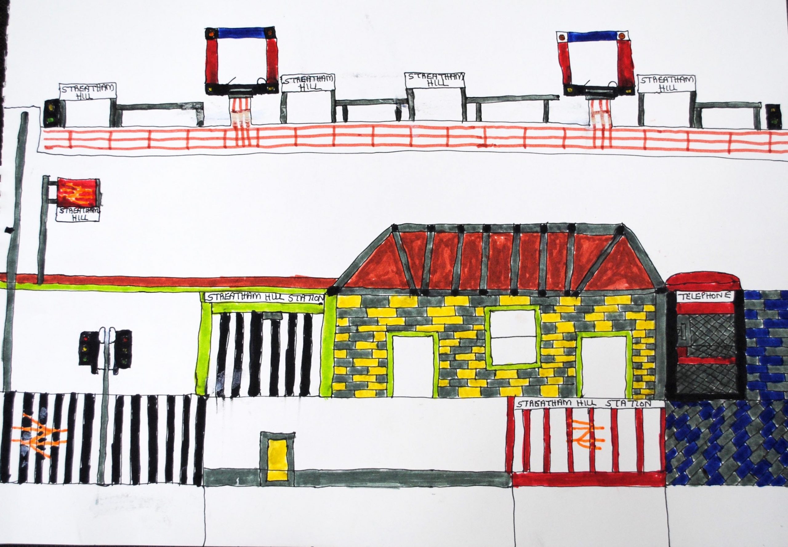 A colourful pen drawing of Stratham Hill Station.