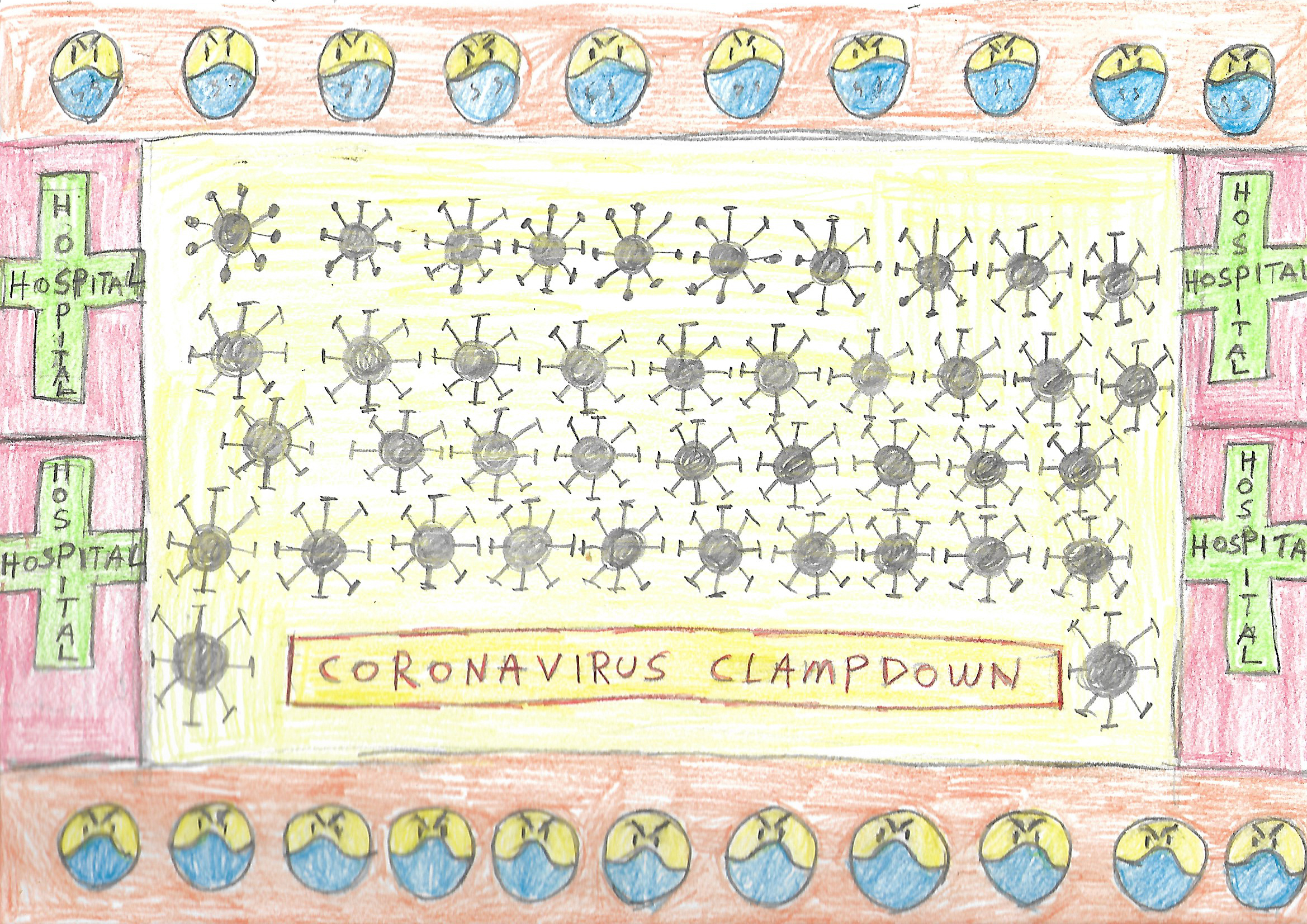 A pencil drawing on paper that has top and bottom borders with masked faces, and left and right borders with hospital signs. In the middle are rows of coronavirus shapes and a text that reads "coronavirus clampdown".