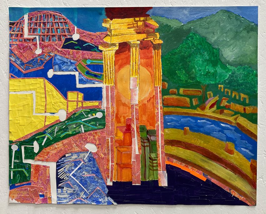 The 3 Depths (2023), acrylic and collage on paper. Image courtesy of the Artist and ActionSpace.