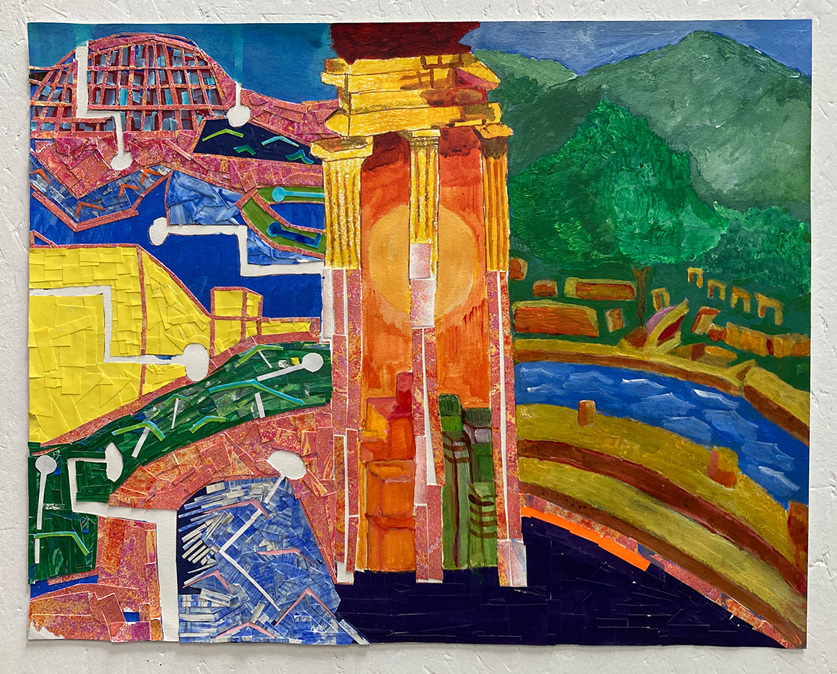 The 3 Depths (2023), acrylic and collage on paper. Image courtesy of the Artist and ActionSpace.