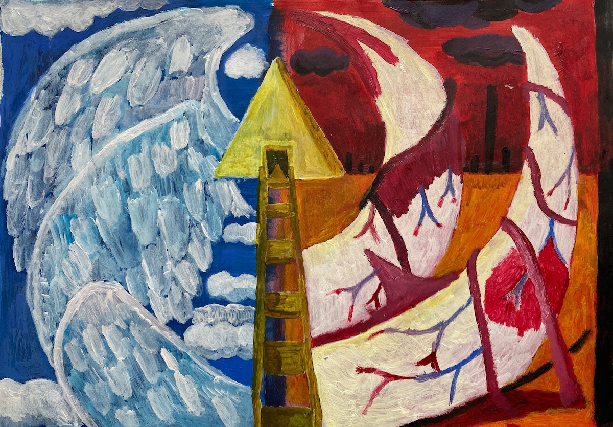 A painting with a ladder leading up to a mysterious yellow triangular building and a sky split in two. One side is blue with 3 white angelic wings, the other is red with two tusk-like structures covered in vasculature.