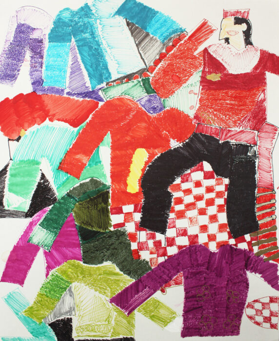 A colourful illustation of different sweatshirts layered over each other. On top there is a figure wearing a crown.