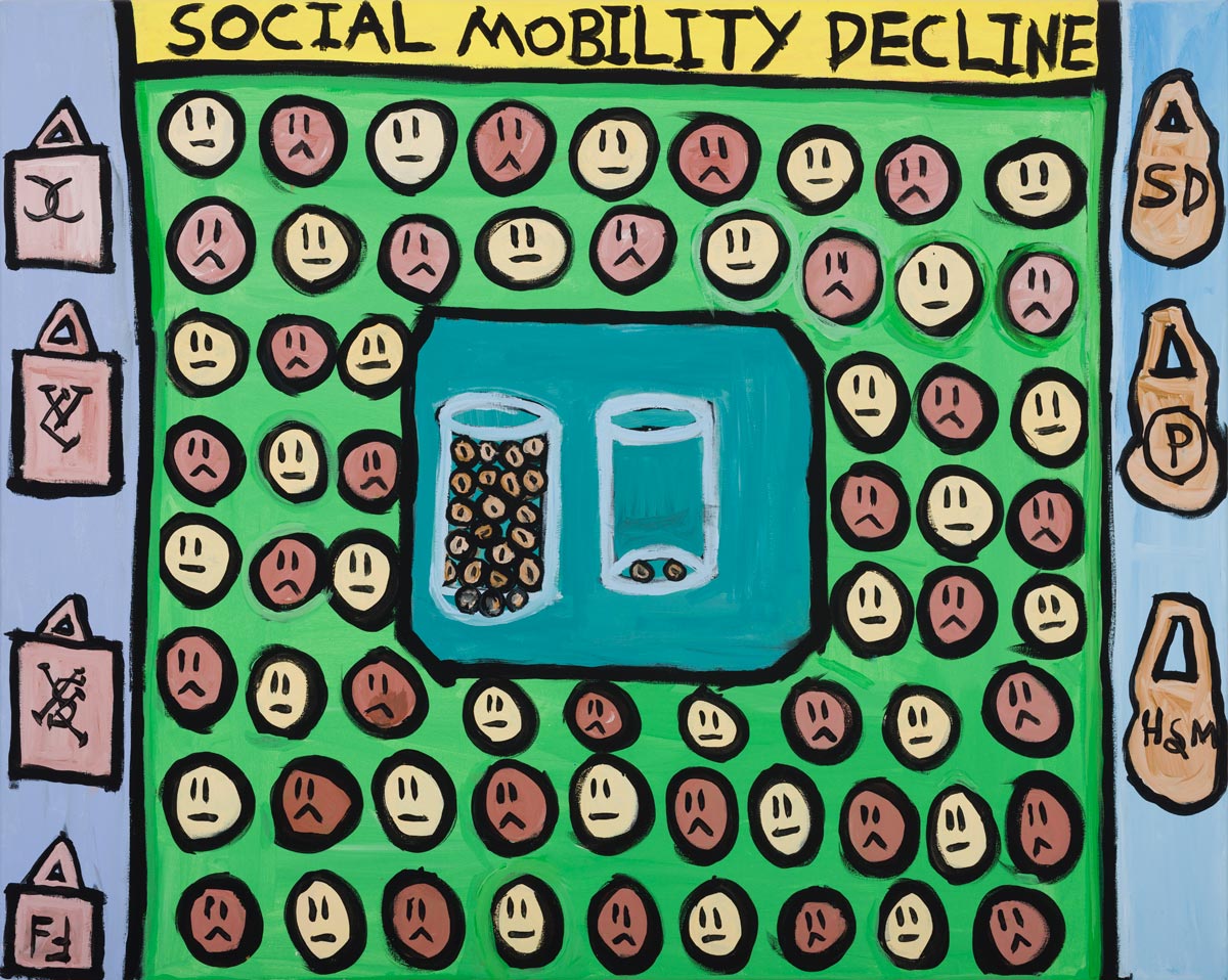 Thompson Hall, Social Mobility Decline, 2019, acrylic on canvas, 100 x 80cm. Image courtesy of the Artist and ActionSpace.