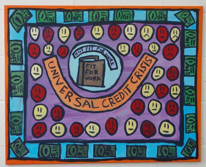 Thompson Hall artwork. It is a colourful painting, that says 'universal credit crisis' in the middle.