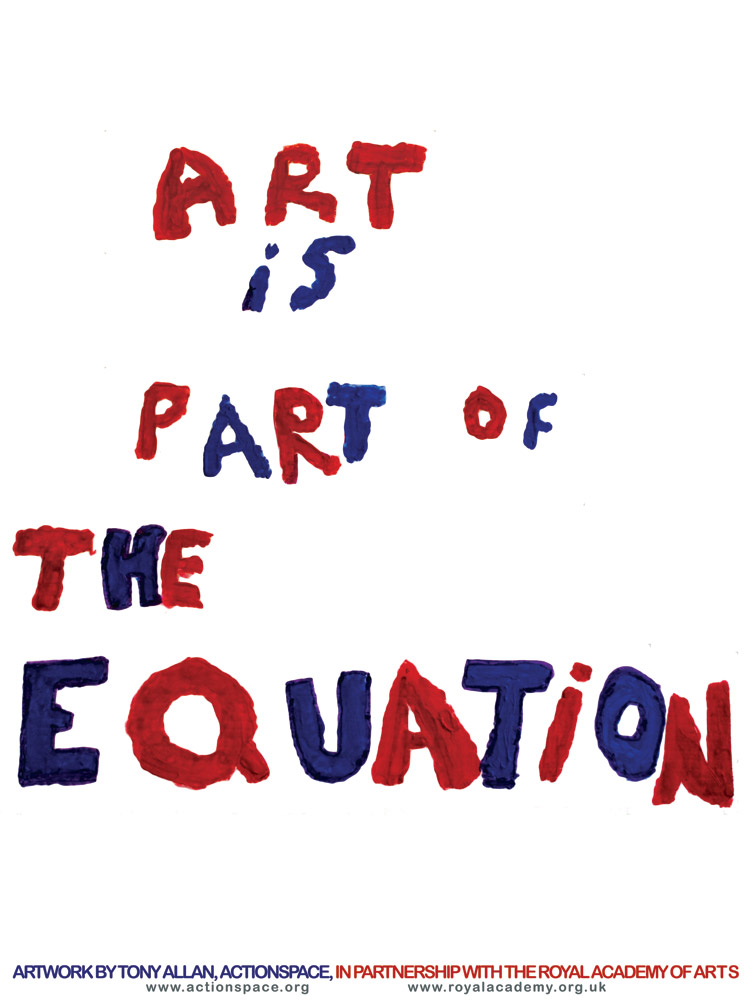 The words 'Art is part of the equation' are painted in red and blue.