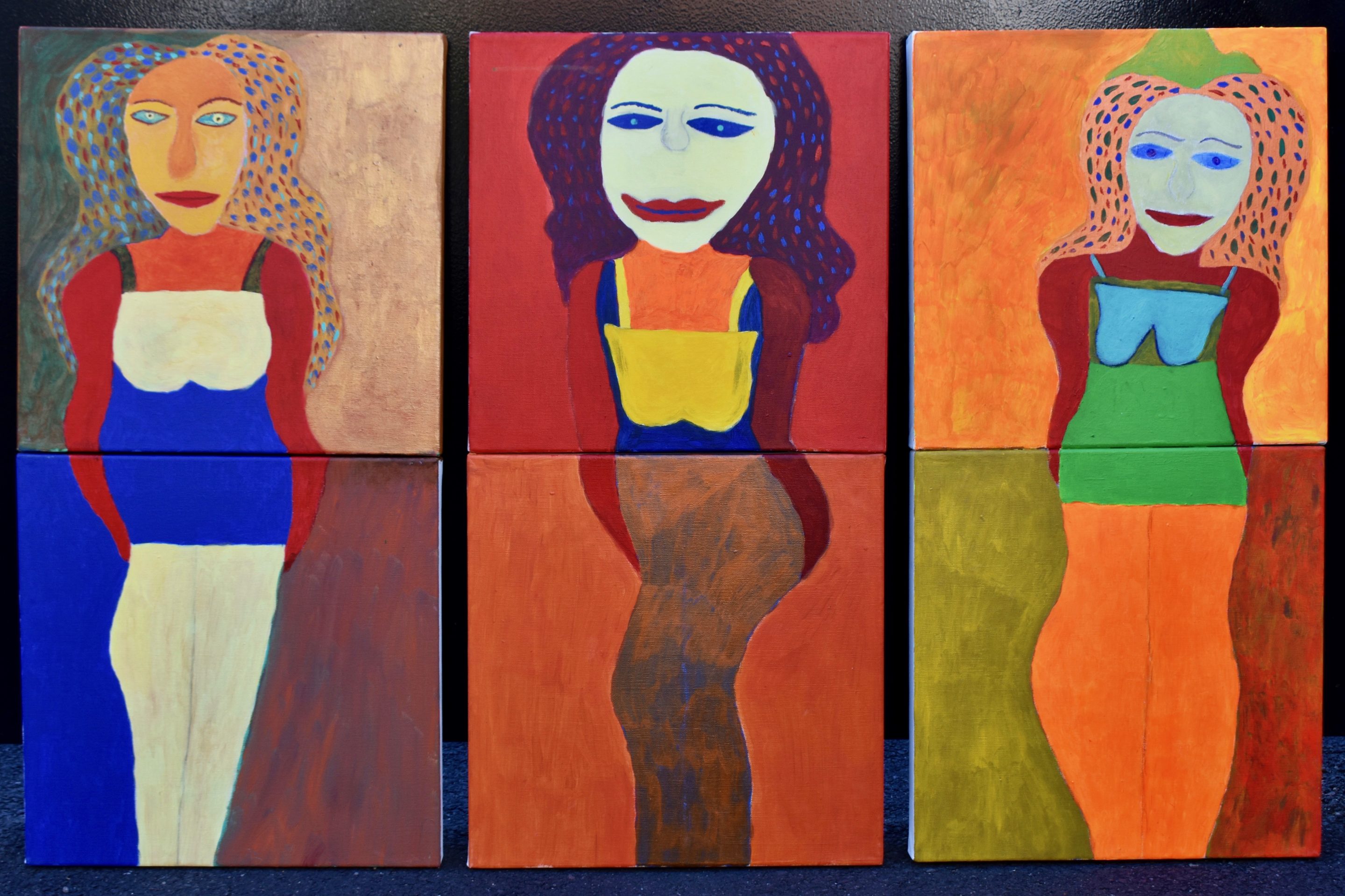 Robin Smith's artwork, a painting of three women in an abstract style, with colourful bodies and hair.
