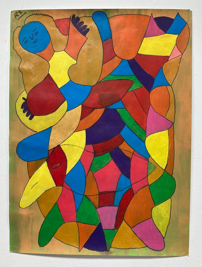 Woman and Bird in a Blanket, 2024, acrylic, ink and pen on paper. 84 x 118cm. Image courtesy of the Artist and ActionSpace.
