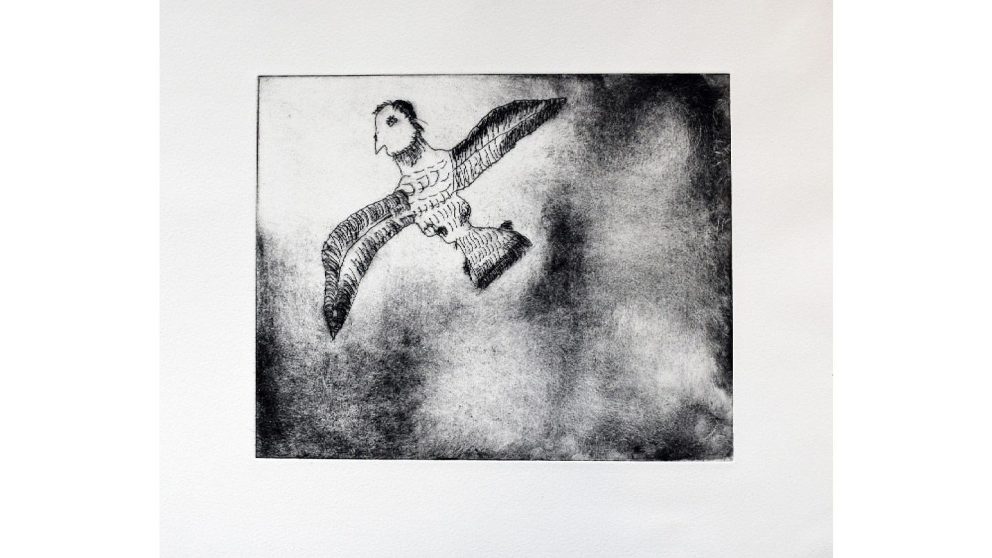 A black intaglio print of a bird with a man's head on white paper.