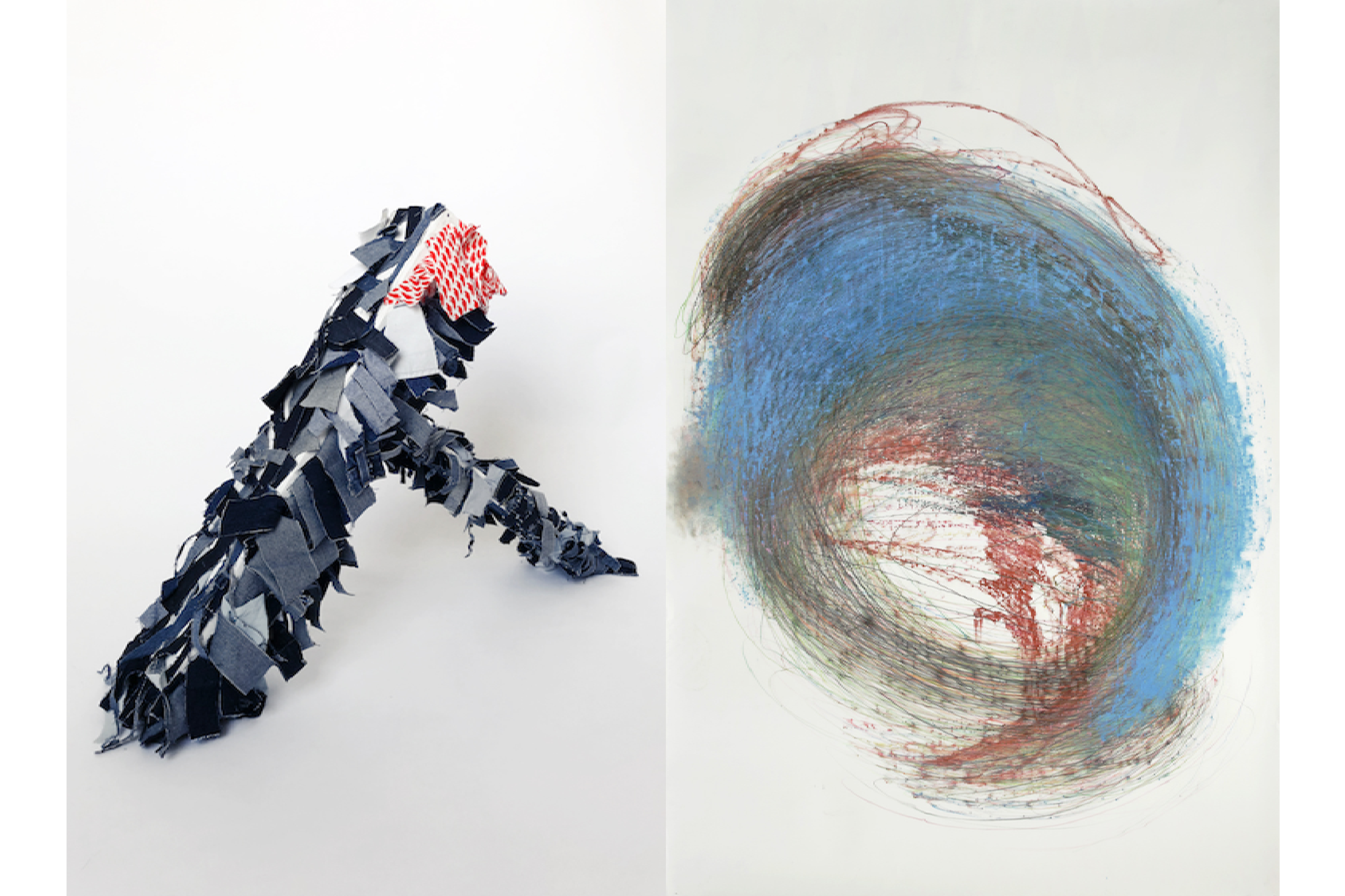 Photos of two artworks by Andrew Omoding and Nnena Kalu collaged together. The first, a small sculpture covered in tassled strips of navy fabric with a patch of patterned red. The second, pastel vortex drawing with a cerulean blue accent.