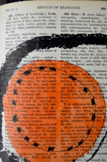 An artwork made on a page of a book. There is an orange circle positioned at the bottom of the page, with black dotted circular line inside. It has a thick black line spiralling out of it.