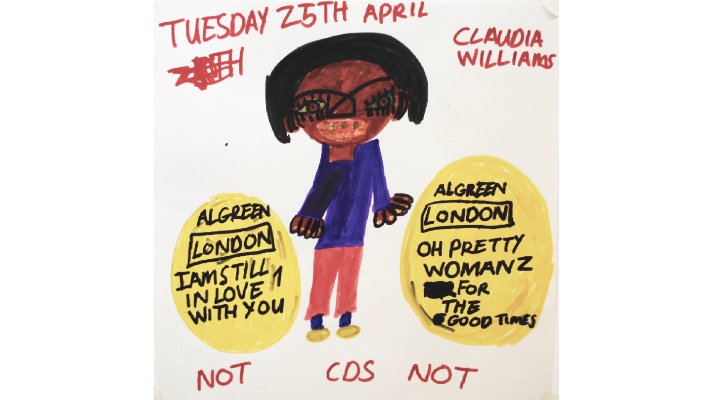 A drawing of a woman stood between two yellow text bubbles that read "Algreen London I am still in love with you" and Algreen London oh pretty womanz for the good times".
