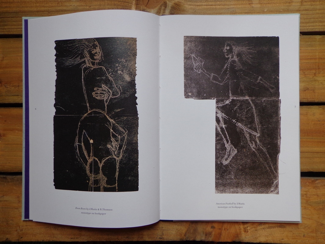 A book open on a page spread with two printed artworks of female figures.