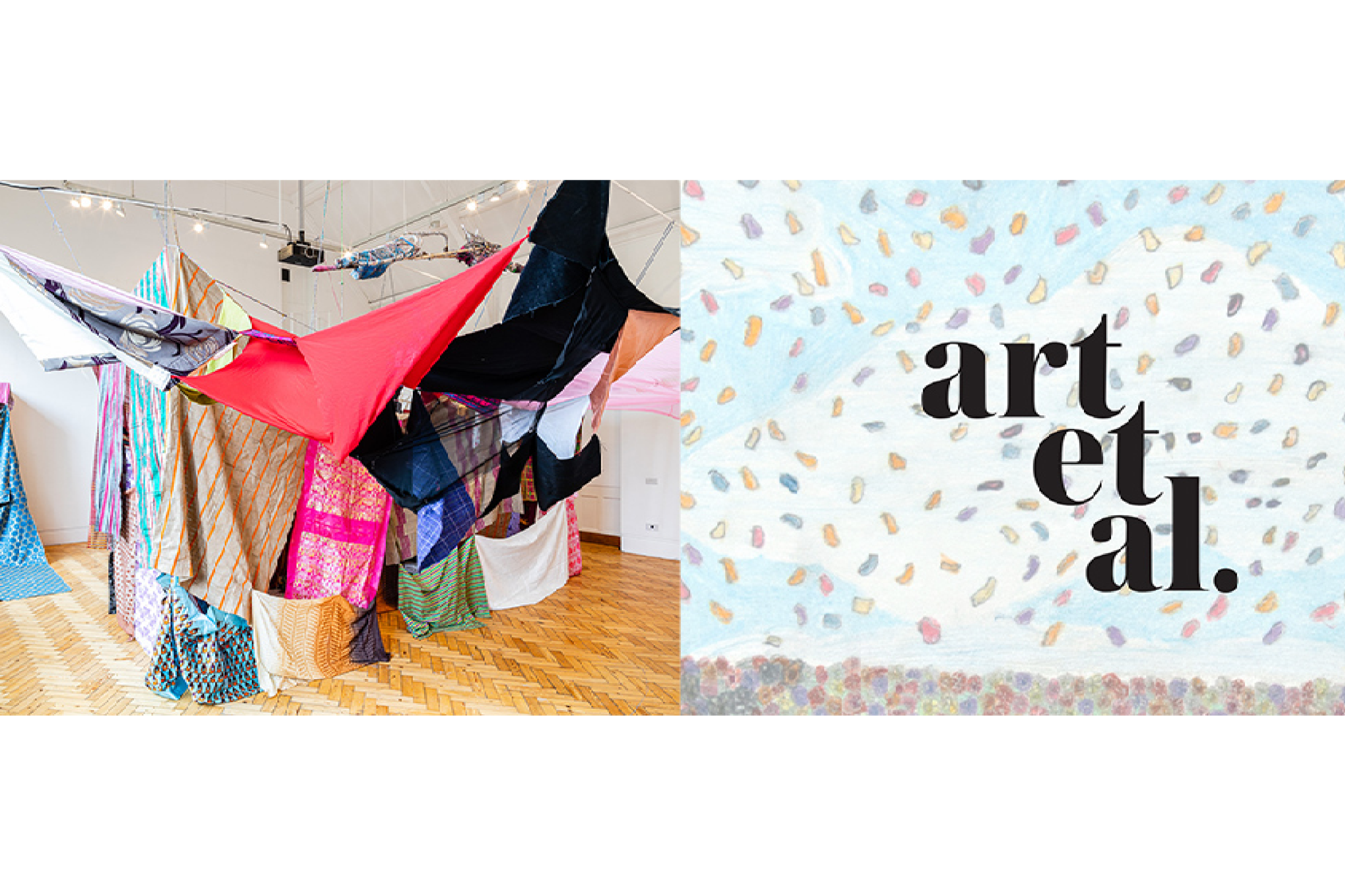 An installation of suspended fabric and objects.