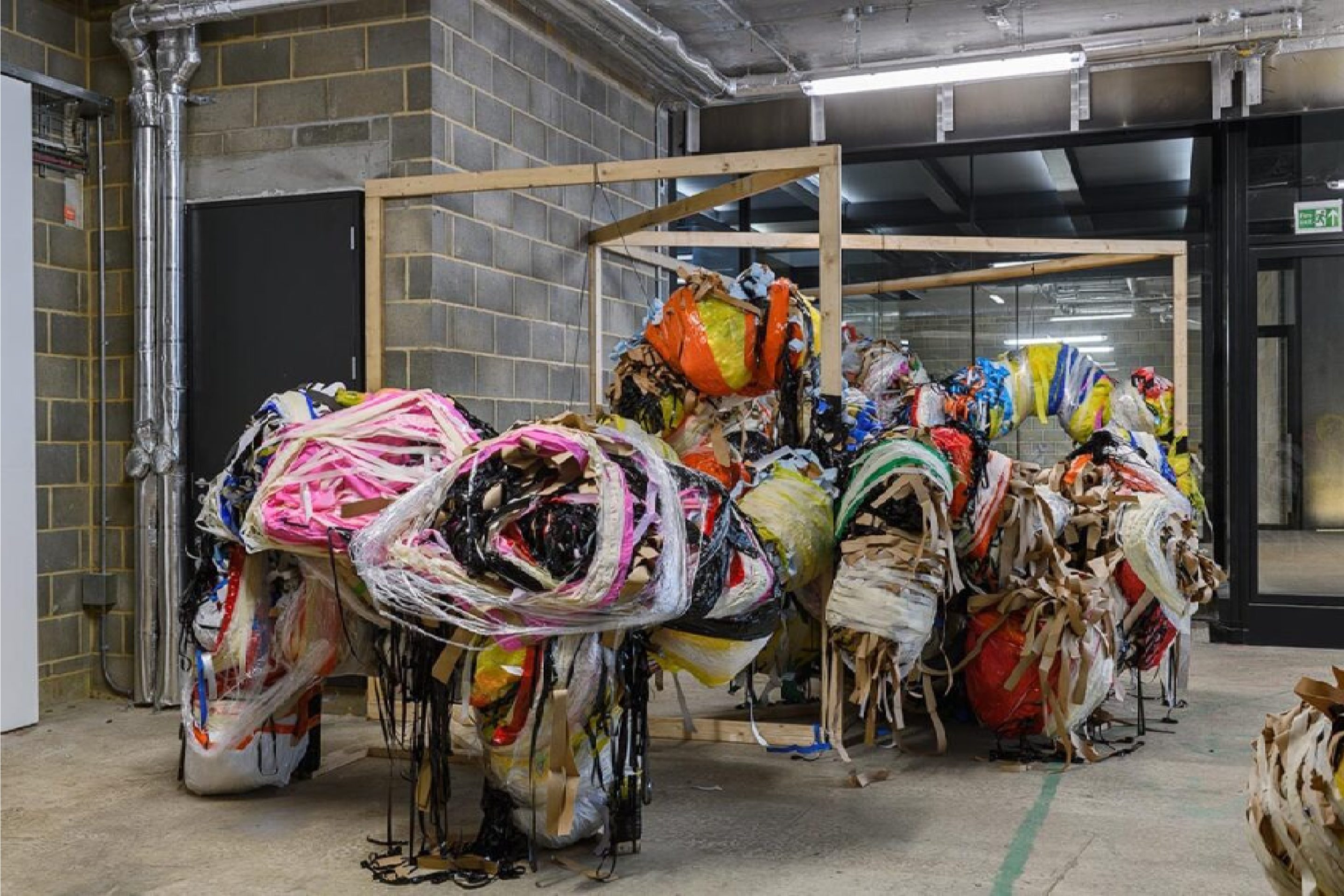A large sculpture in an industrial gallery space hangs from a wooden structure. Its organic form in made up of various wrapped materials.