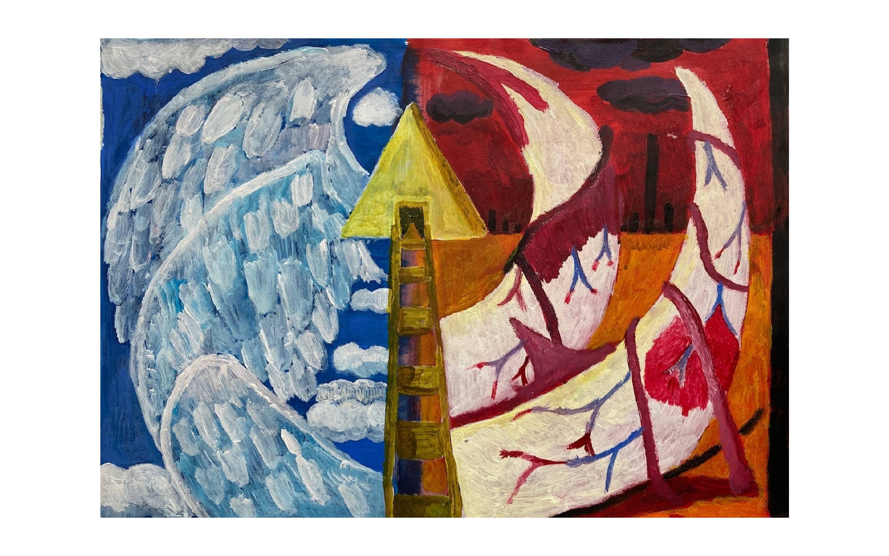 A painting with a ladder leading up to a mysterious yellow triangular building and a sky split in two. One side is blue with 3 white angelic wings, the other is red with two tusk-like structures covered in vasculature.