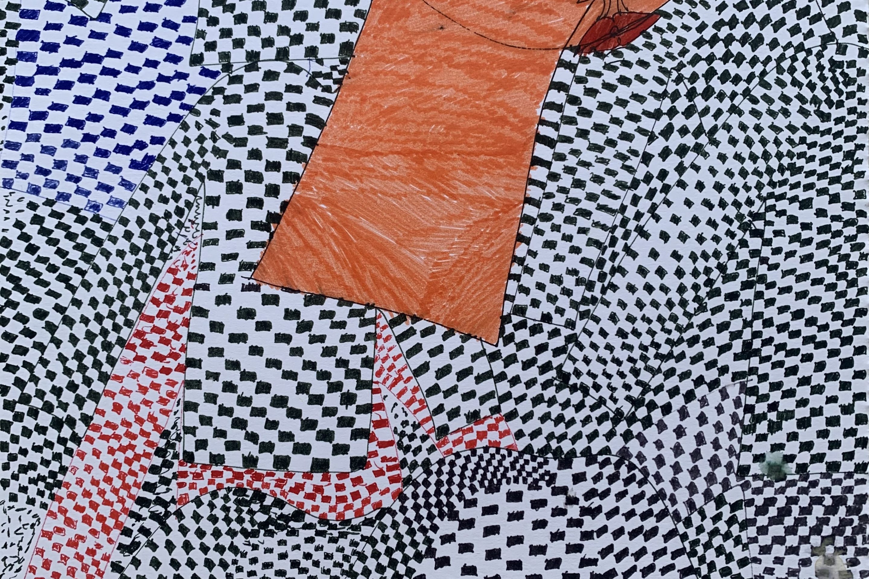 A drawing of British Icon Twiggy on a densely patterned background