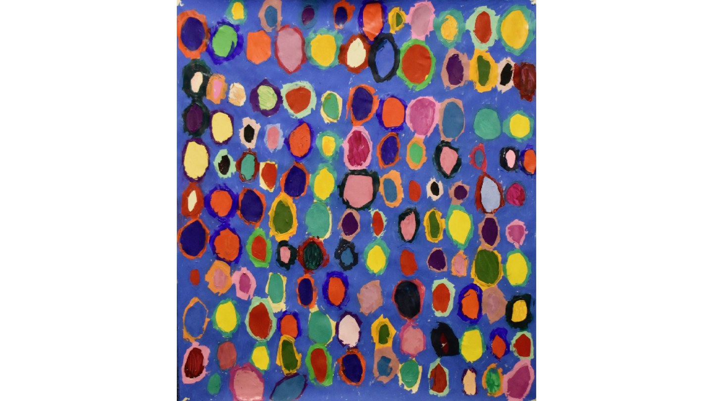 A painting on an ultramarine blue background, with many colourful nested circles.