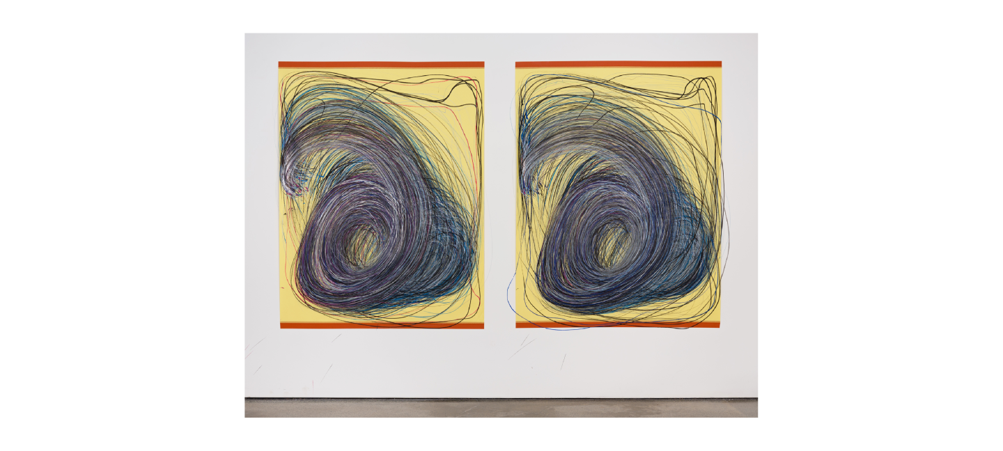 Photo of two large scale drawings by Nnena Kalu. The drawings are drawn in blue, black and purple mixed media on yellow paper. They are fixed to the wall with red tape at the top and bottom of the artworks.