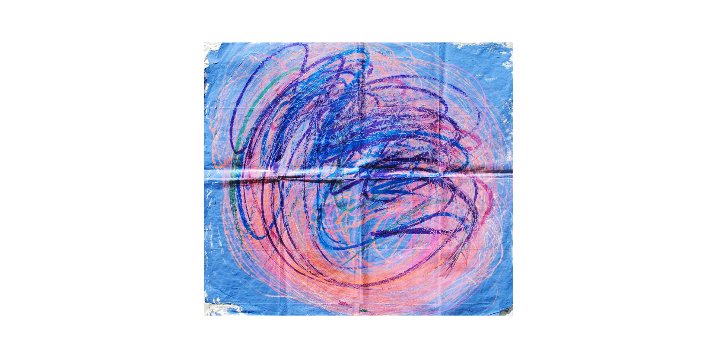 An oil pastel artwork with a cerulean blue background and pink, ultramarine, purple and orange vortex strokes.