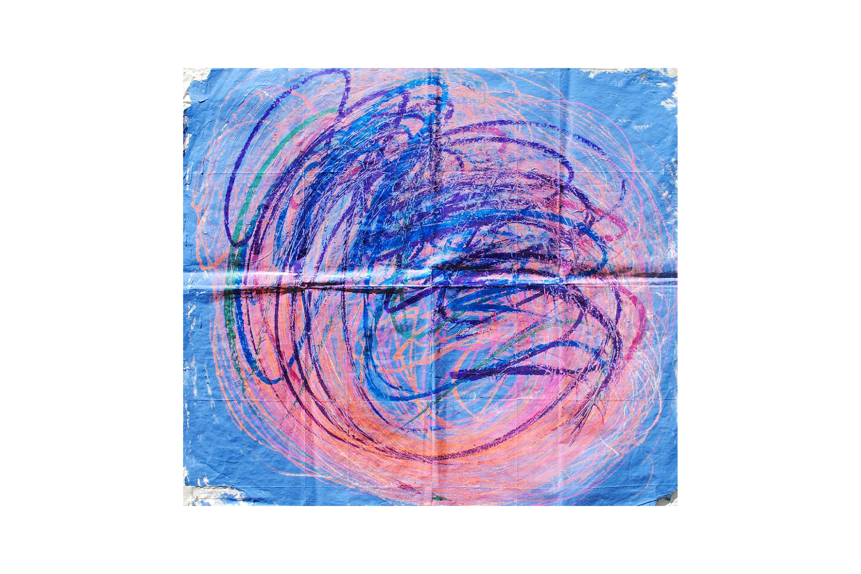 An oil pastel artwork with a cerulean blue background and pink, ultramarine, purple and orange vortex strokes.
